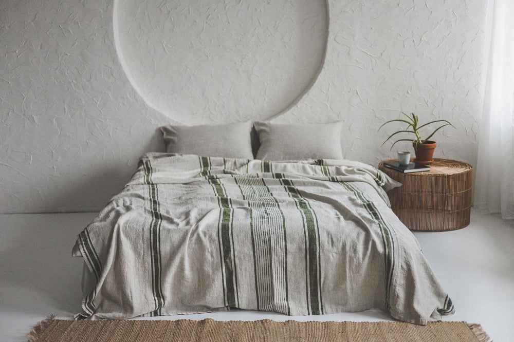 French Linen Bedspread with Green Stripes - Handmade Natural Linen Blanket, Farmhouse Bedding