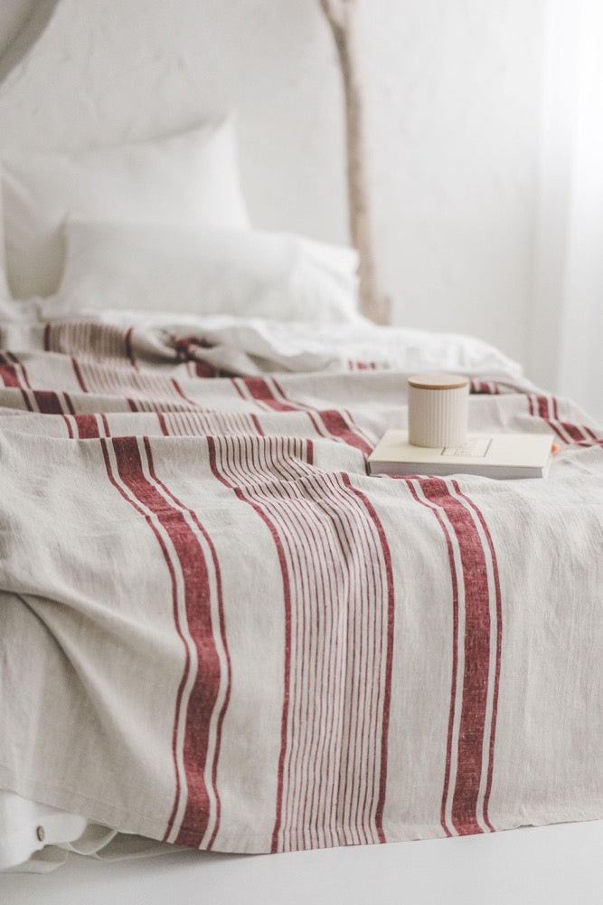French Linen Bedspread with Green Stripes - Handmade Natural Linen Blanket, Farmhouse Bedding