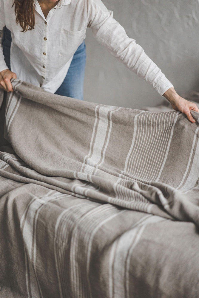 Natural Linen Bedspread with Stripes - Rustic Farmhouse Bedding, Handmade Linen Blanket, Soft & Breathable Coverlet