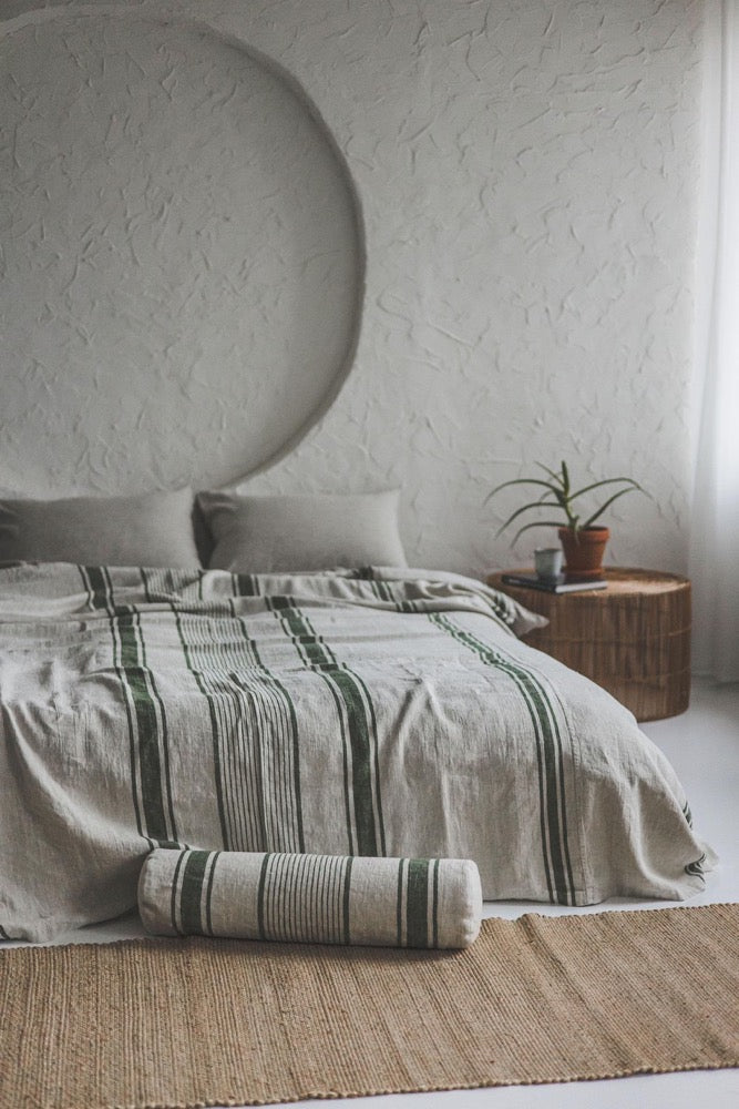 French Linen Bedspread with Green Stripes - Handmade Natural Linen Blanket, Farmhouse Bedding