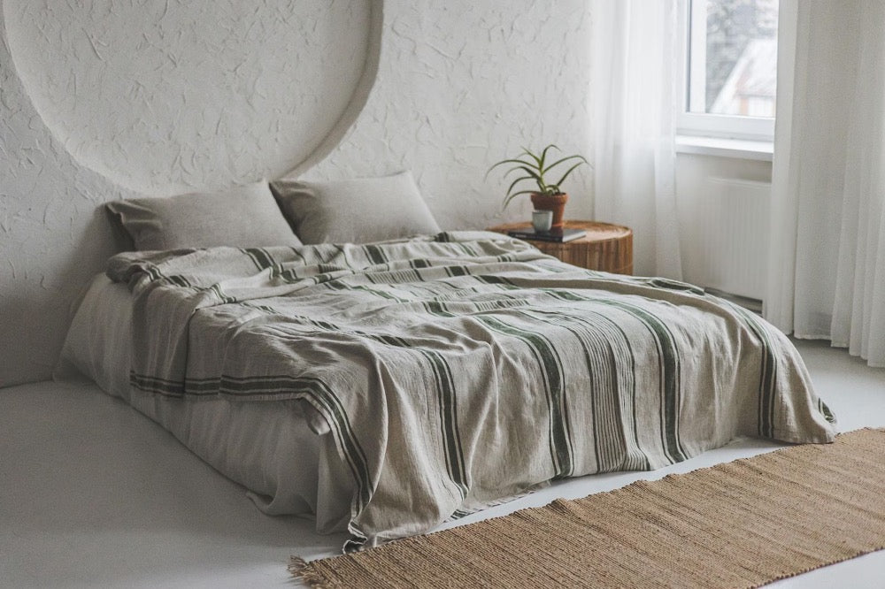 French Linen Bedspread with Green Stripes - Handmade Natural Linen Blanket, Farmhouse Bedding