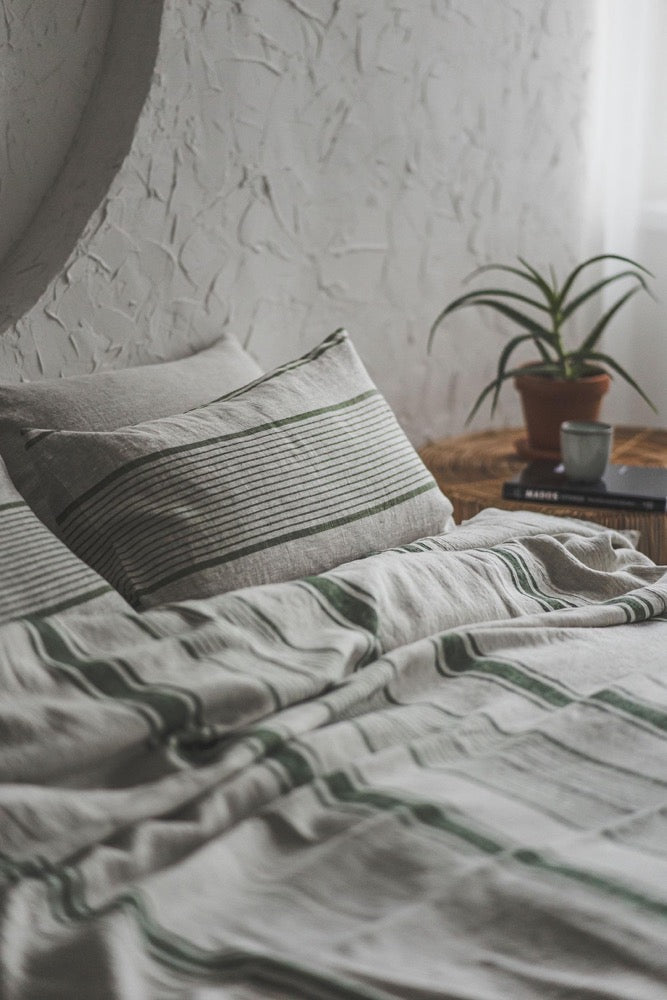 French Linen Bedspread with Green Stripes - Handmade Natural Linen Blanket, Farmhouse Bedding