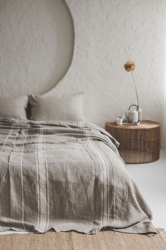 Natural Linen Bedspread with Stripes - Rustic Farmhouse Bedding, Handmade Linen Blanket, Soft & Breathable Coverlet