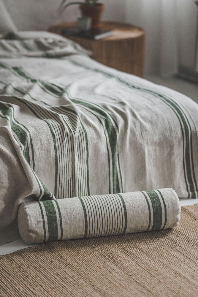 French Linen Bedspread with Green Stripes - Handmade Natural Linen Blanket, Farmhouse Bedding