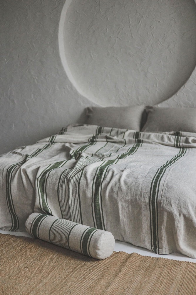 French Linen Bedspread with Green Stripes - Handmade Natural Linen Blanket, Farmhouse Bedding