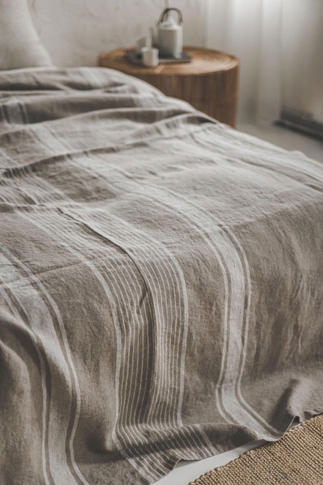 Natural Linen Bedspread with Stripes - Rustic Farmhouse Bedding, Handmade Linen Blanket, Soft & Breathable Coverlet