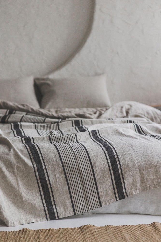 Natural Linen Bedspread with Stripes - Rustic Farmhouse Bedding, Handmade Linen Blanket, Soft & Breathable Coverlet